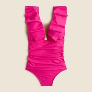 J. CREW Ruched Ruffle One Piece Swimsuit preppy Coquette Hot Pink Size L 14